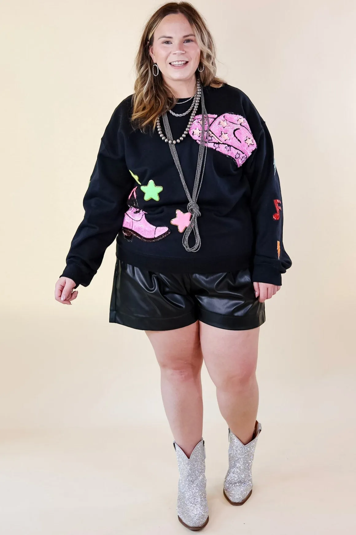 Nashville Lights Chenille and Sequin Patch Graphic Sweatshirt in Black
